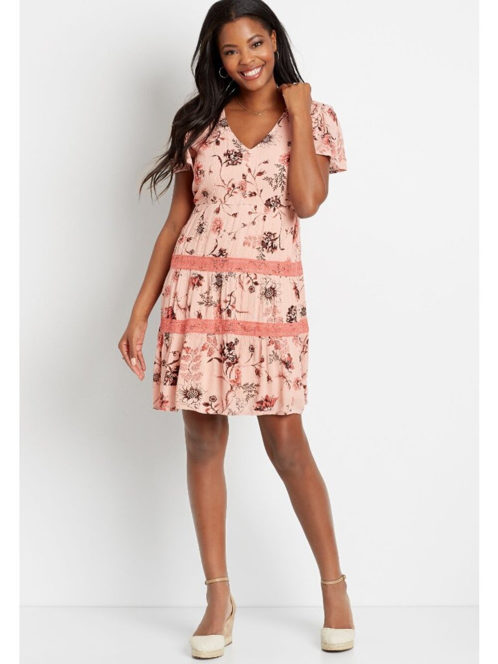 New Maurices Pink Floral Lace Trim Babydoll Dress Women Size Small Spring Easter